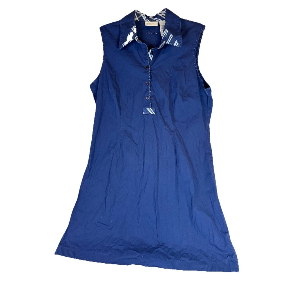 Liz Golf Blue Sleeveless Shirt Dress 16 Cotton Stretch Preppy Coastal